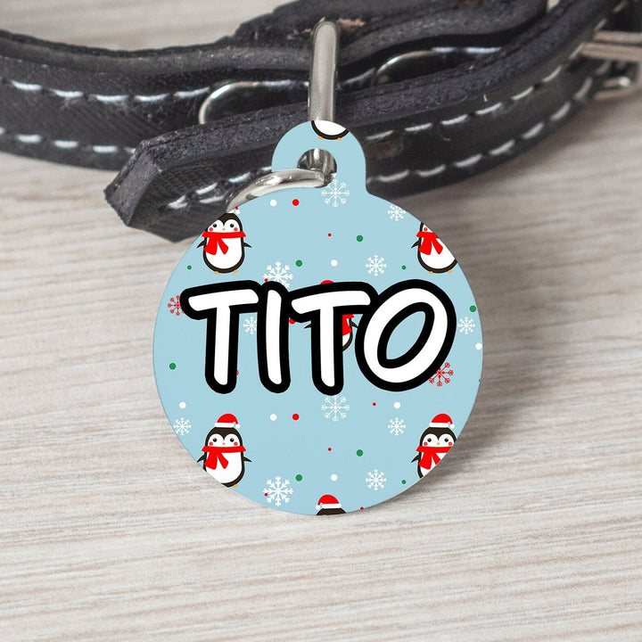 Christmas Penguin Winter Large Round Personalized Tag - Custom Ink Infused Tag - Black Dog Engraving