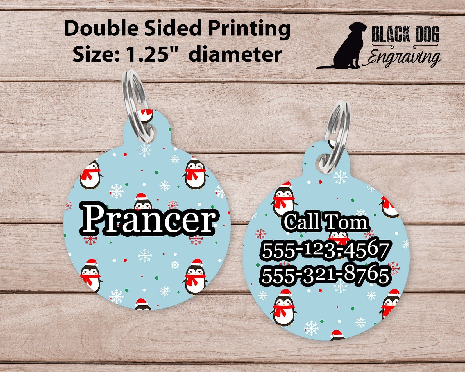 Christmas Penguin Winter Large Round Personalized Tag - Custom Ink Infused Tag - Black Dog Engraving