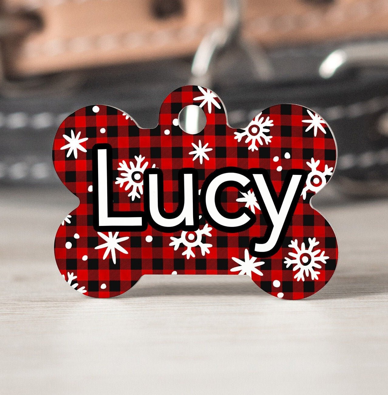 Christmas Plaid Snowflake Dog Bone Personalized Tag - Custom Ink Infused Tag - Black Dog Engraving