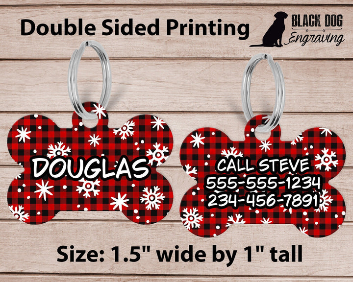 Christmas Plaid Snowflake Dog Bone Personalized Tag - Custom Ink Infused Tag - Black Dog Engraving