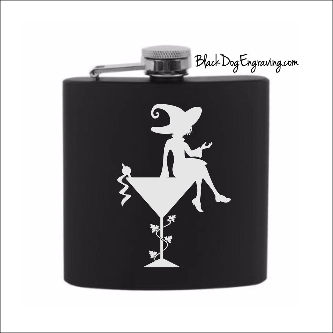 Cocktail Martini Witch Halloween Flask - Black Dog Engraving