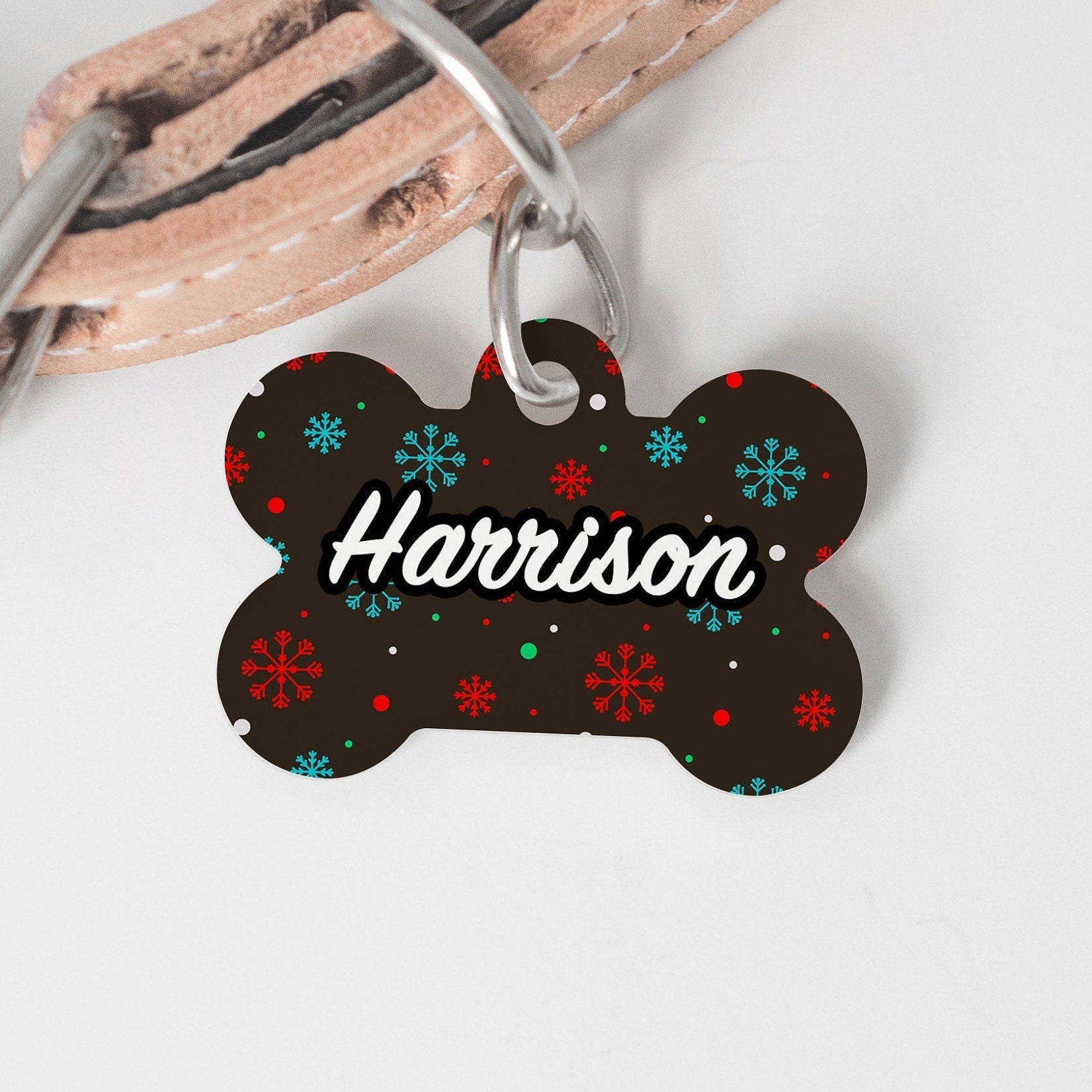 Dark Snowflake Christmas Medium Dog Bone Personalized Tag