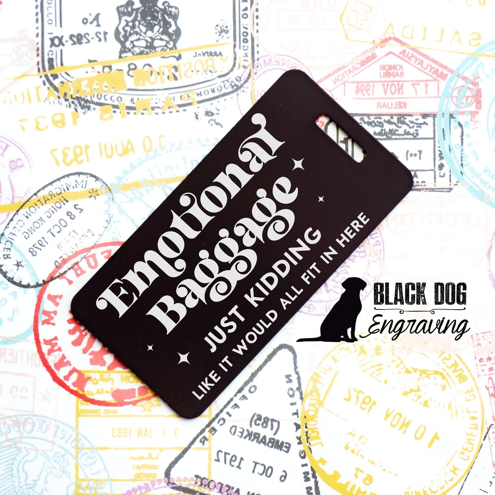 Emotional Baggage Funny Personalized Metal Luggage Tag - Black Dog Engraving