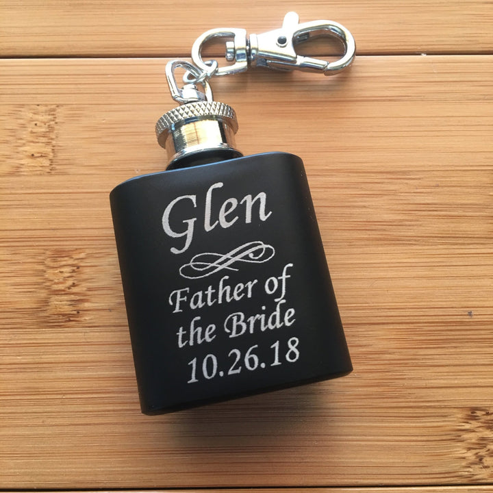 Engraved Single Shot Mini Flask Key Chain Personalized for Bridesmaids - Black Dog Engraving