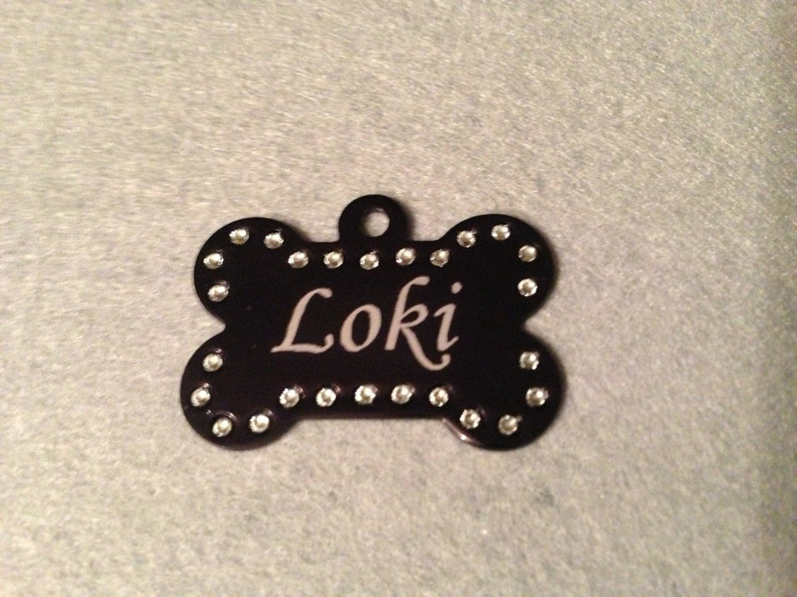 Engraved Swarovski Element Dog Bone ID Tag - Black Dog Engraving