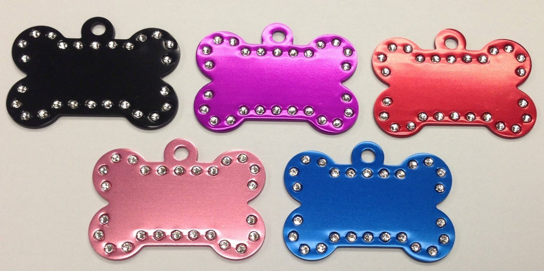 Engraved Swarovski Element Dog Bone ID Tag - Black Dog Engraving