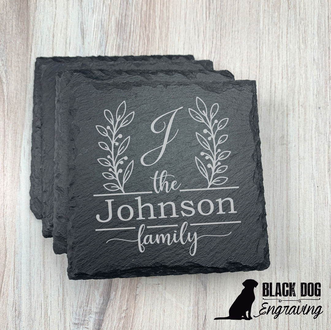 Family Name Fancy Personalized Slate Stone Coasters - SET of FOUR - Black Dog Engraving