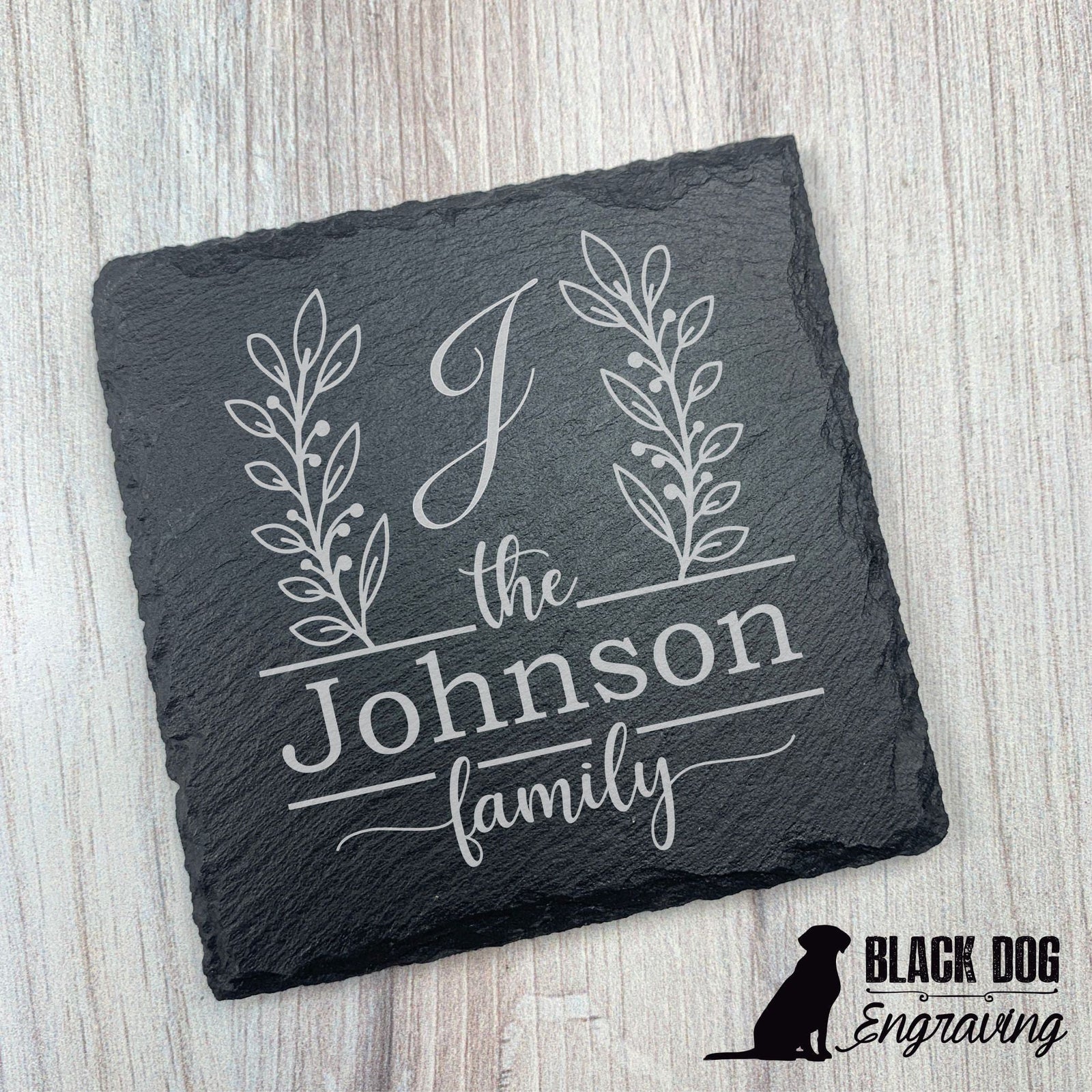 Family Name Fancy Personalized Slate Stone Coasters - SET of FOUR - Black Dog Engraving