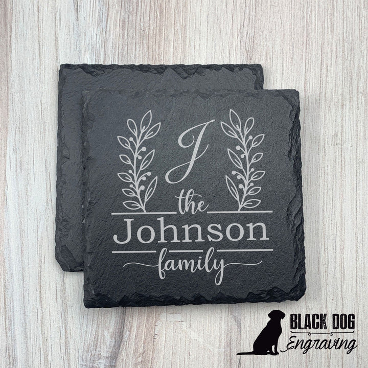 Family Name Fancy Personalized Slate Stone Coasters - SET of TWO - Black Dog Engraving
