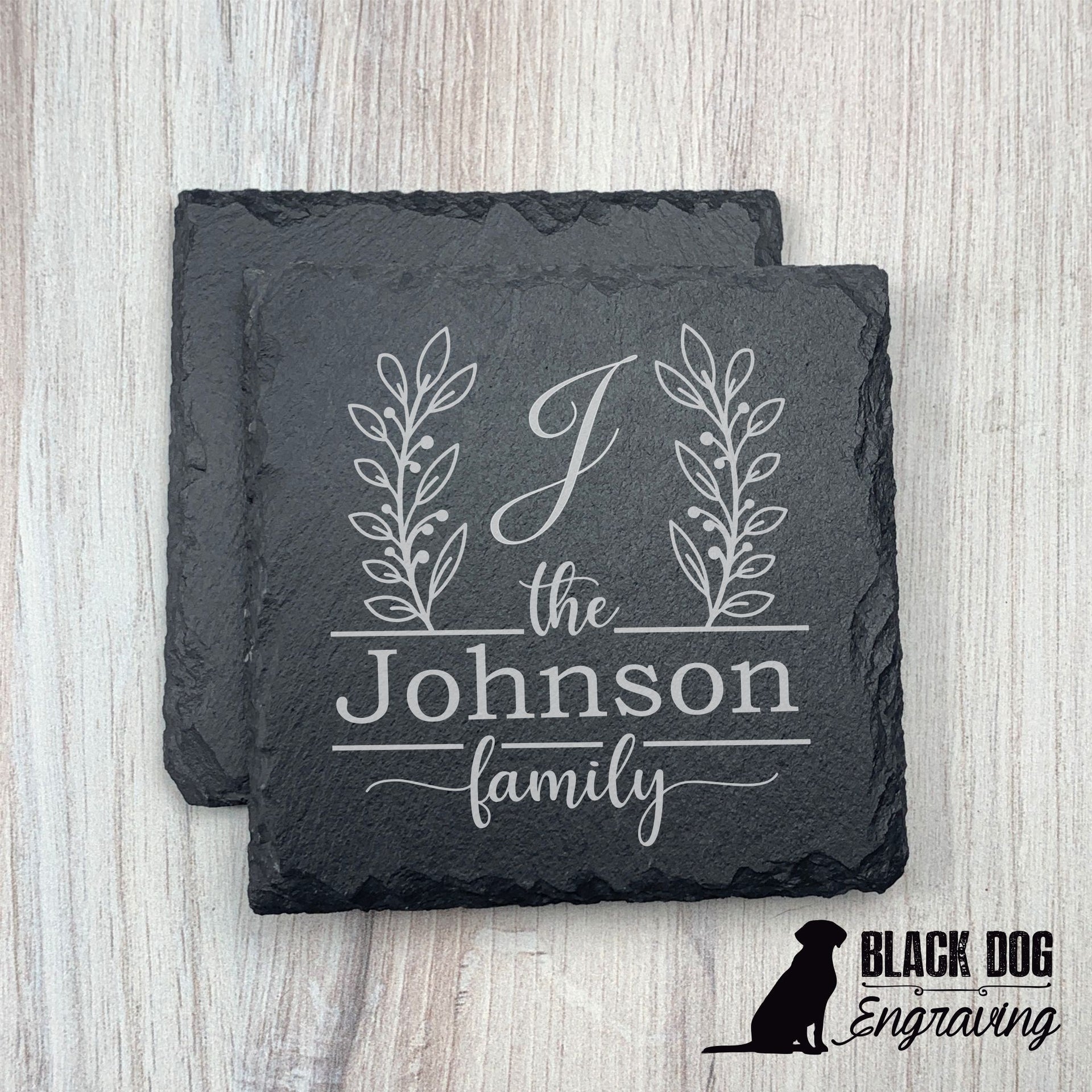 Family Name Fancy Personalized Slate Stone Coasters - SET of TWO