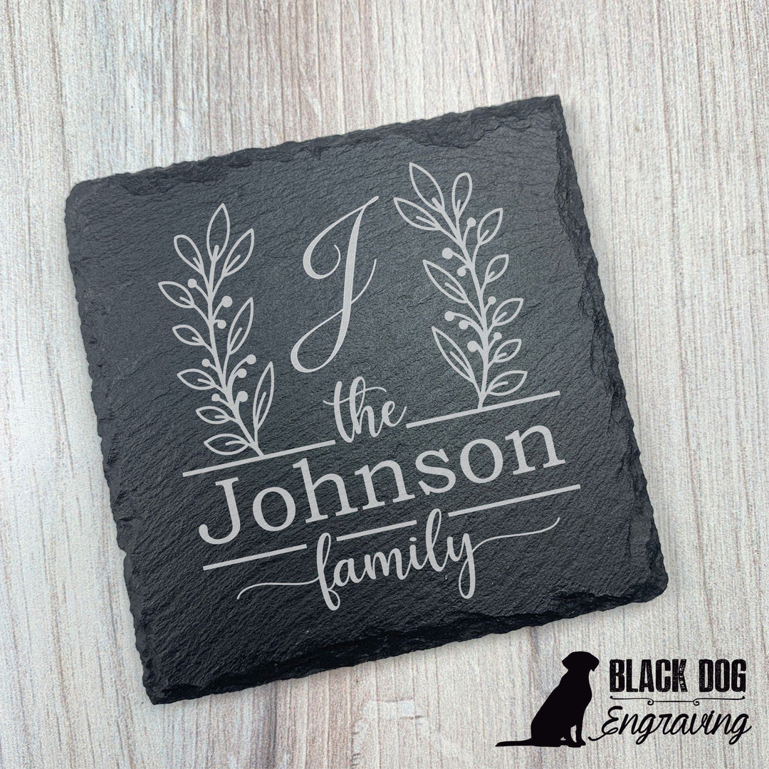 Family Name Fancy Personalized Slate Stone Coasters - SET of TWO - Black Dog Engraving