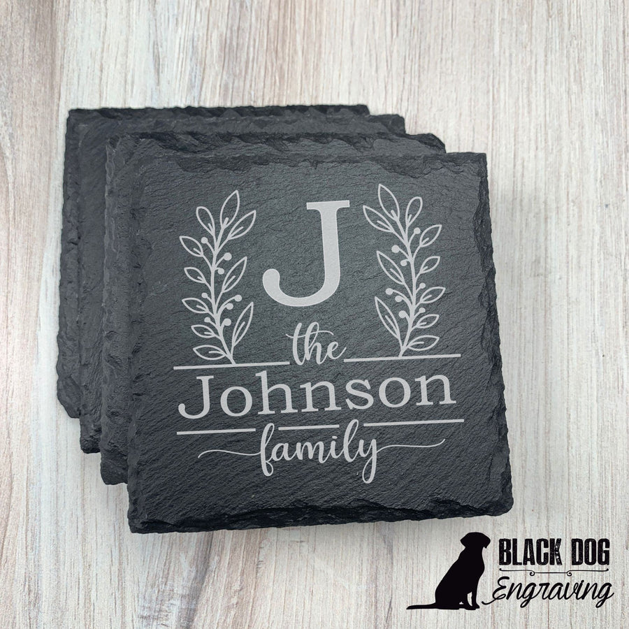 Family Name Personalized Slate Stone Coasters - SET of FOUR - Black Dog Engraving