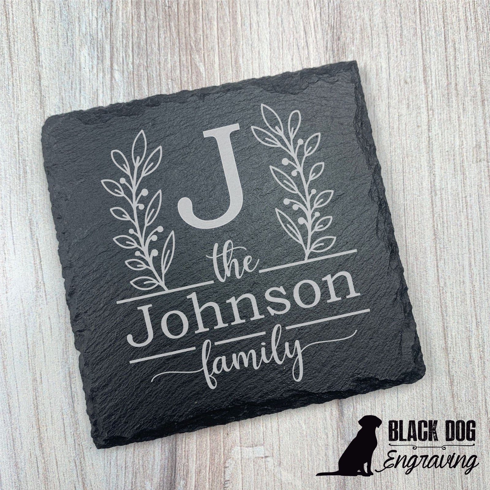 Family Name Personalized Slate Stone Coasters - SET of FOUR - Black Dog Engraving
