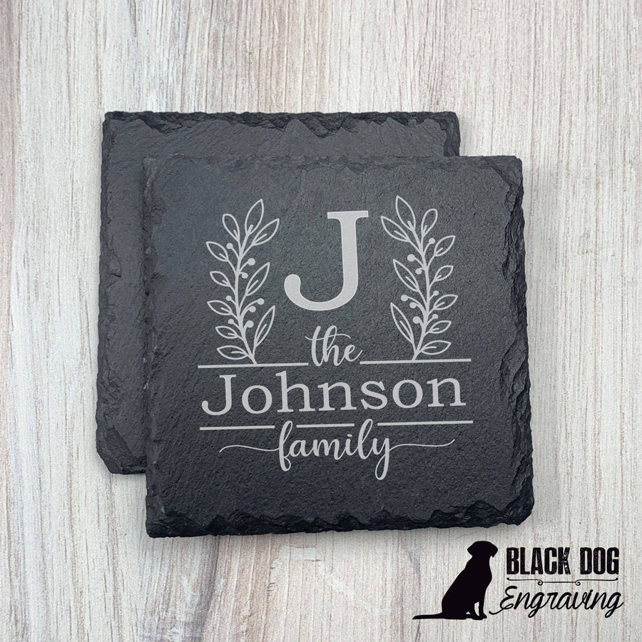 Family Name Personalized Slate Stone Coasters - SET of TWO - Black Dog Engraving