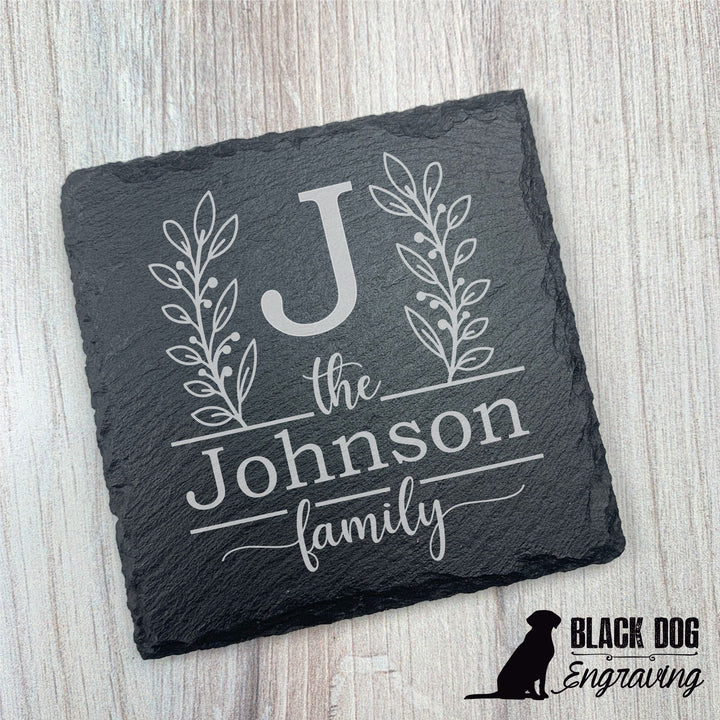 Family Name Personalized Slate Stone Coasters - SET of TWO - Black Dog Engraving