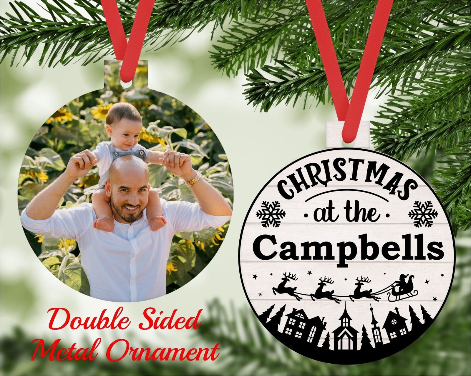 Family Photo with Santa Sleigh Custom Christmas Tree Ornament - Black Dog Engraving