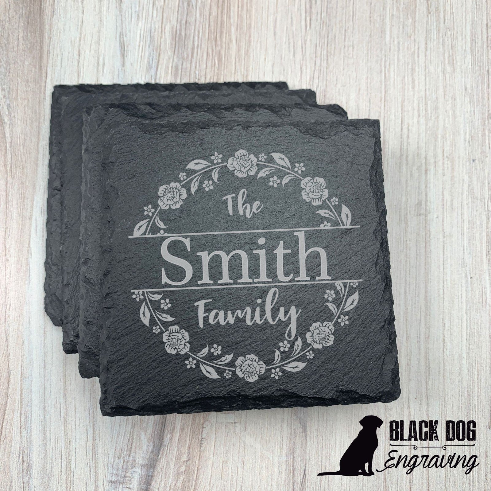 Floral Circle Name Personalized Slate Stone Coasters - SET of FOUR - Black Dog Engraving
