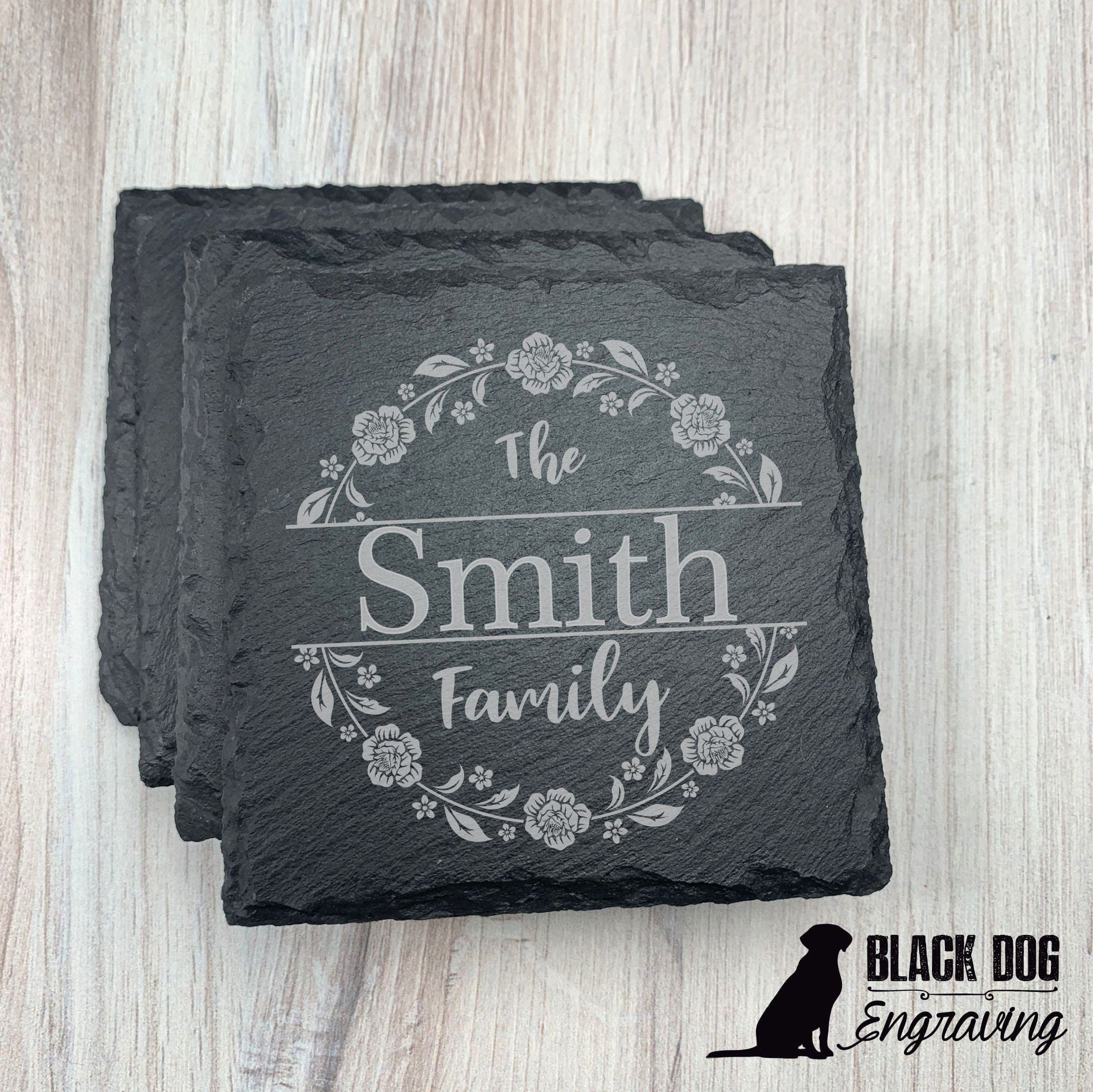 Floral Circle Name Personalized Slate Stone Coasters - SET of FOUR
