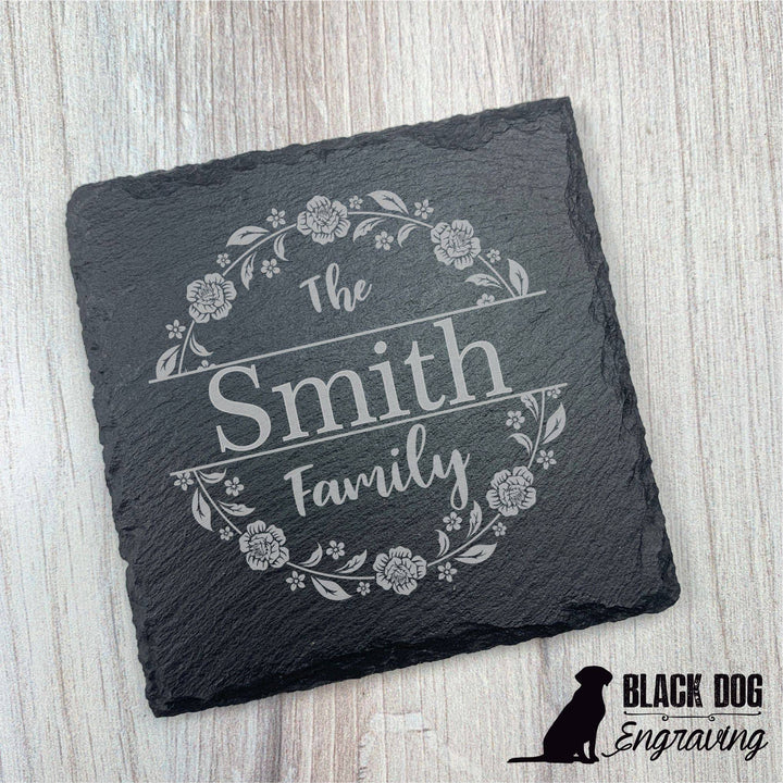 Floral Circle Name Personalized Slate Stone Coasters - SET of FOUR - Black Dog Engraving