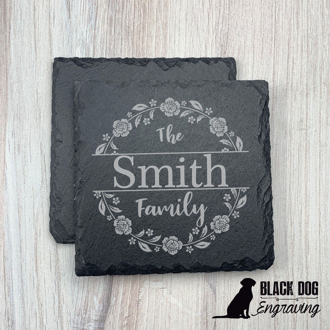 Floral Circle Name Personalized Slate Stone Coasters - SET of TWO - Black Dog Engraving