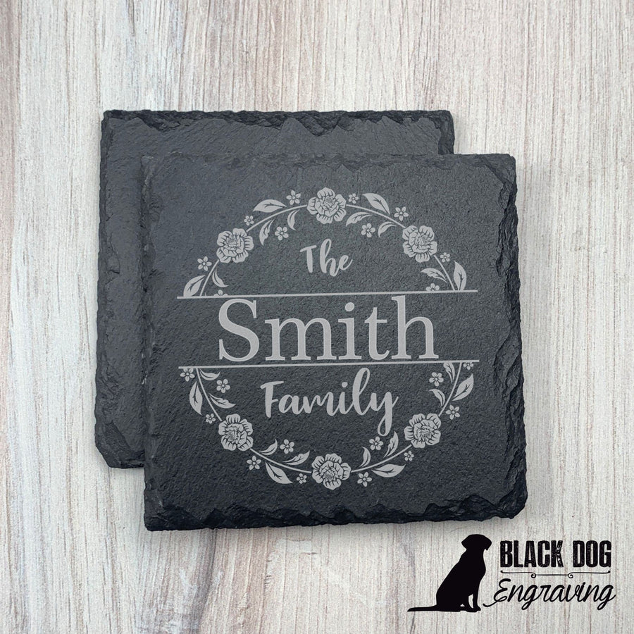 Floral Circle Name Personalized Slate Stone Coasters - SET of TWO - Black Dog Engraving