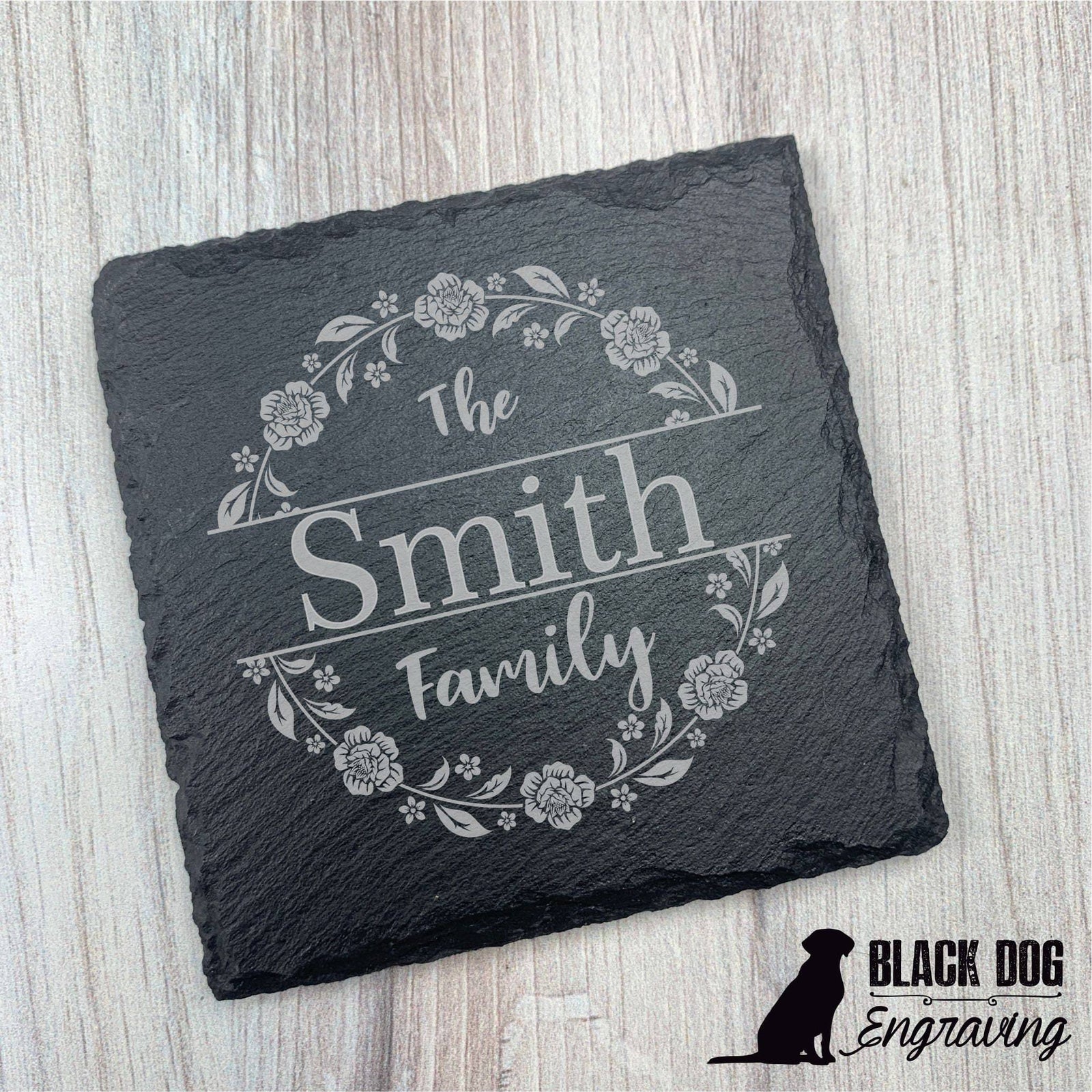 Floral Circle Name Personalized Slate Stone Coasters - SET of TWO - Black Dog Engraving