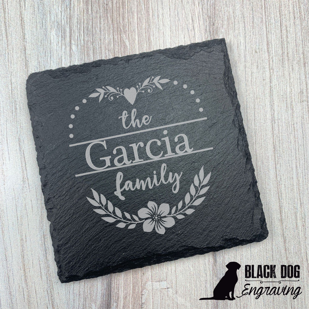 Floral Heart Name Personalized Slate Stone Coasters - SET of FOUR - Black Dog Engraving