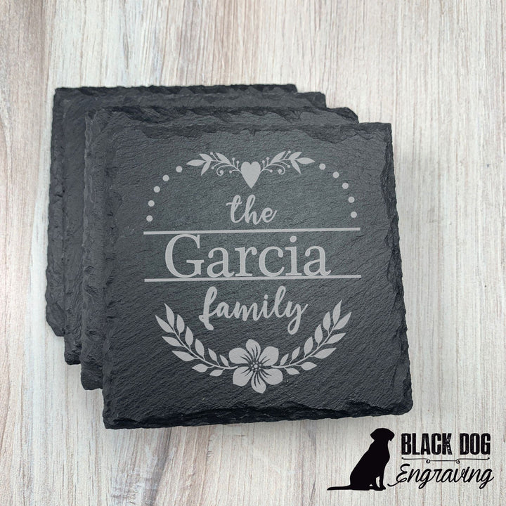 Floral Heart Name Personalized Slate Stone Coasters - SET of FOUR - Black Dog Engraving