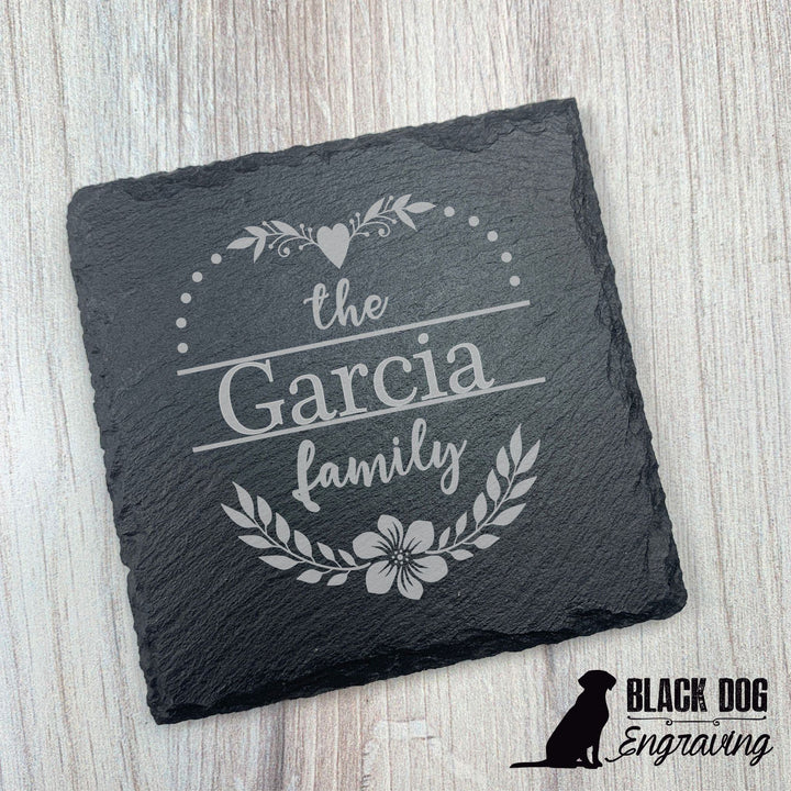Floral Heart Name Personalized Slate Stone Coasters - SET of TWO - Black Dog Engraving