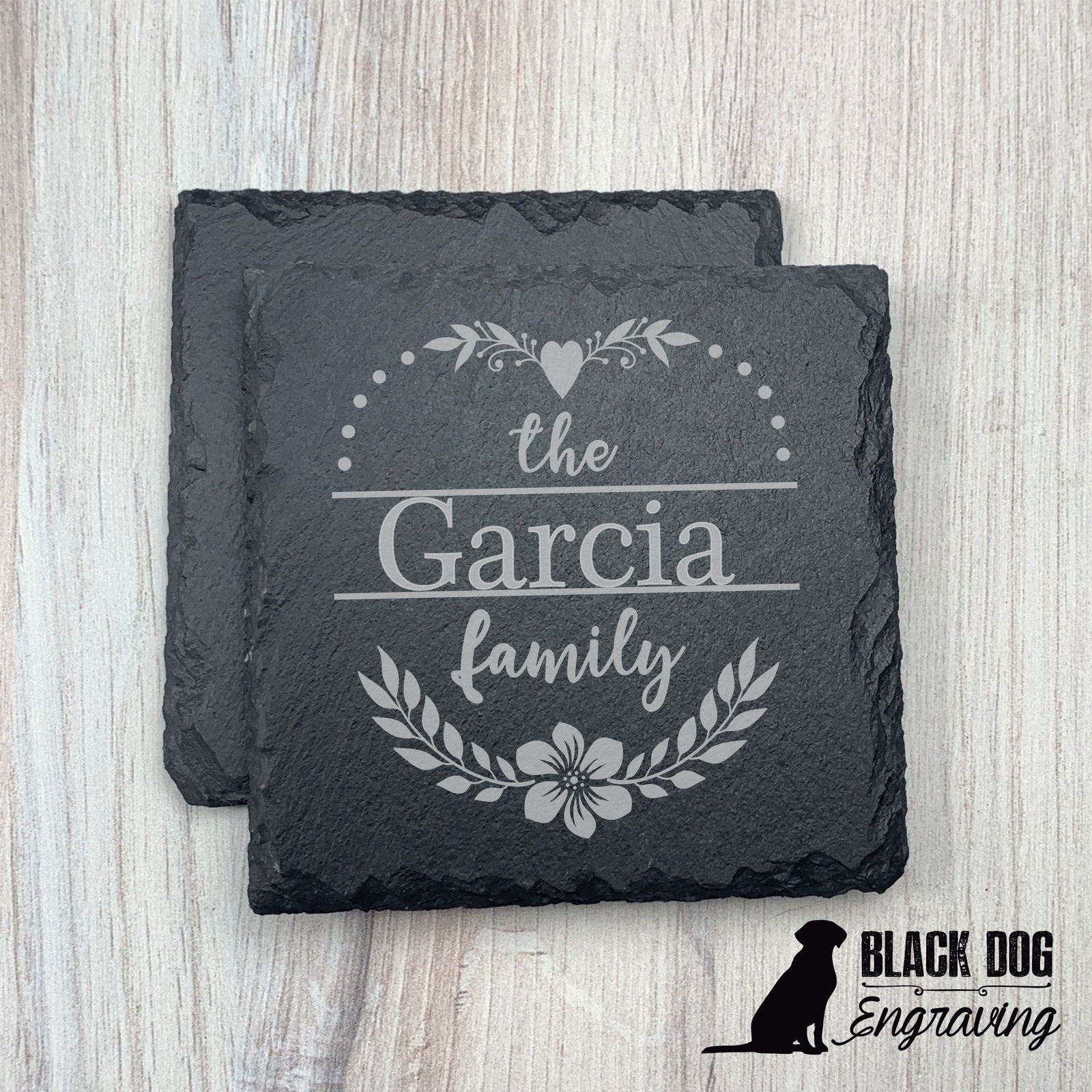 Floral Heart Name Personalized Slate Stone Coasters - SET of TWO - Black Dog Engraving