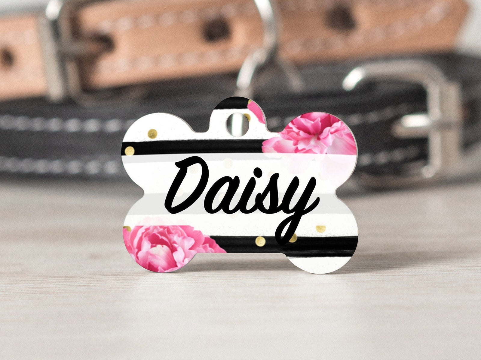 Floral Stripes Medium Dog Bone Personalized Tag - Black Dog Engraving