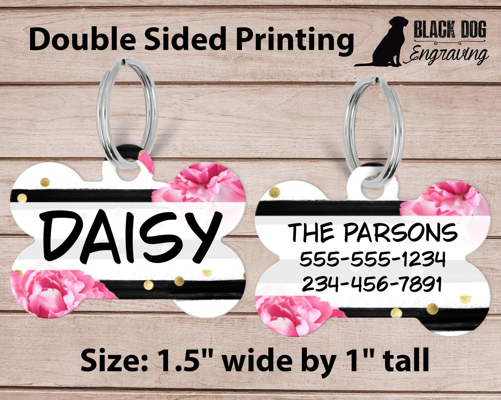 Floral Stripes Medium Dog Bone Personalized Tag - Black Dog Engraving
