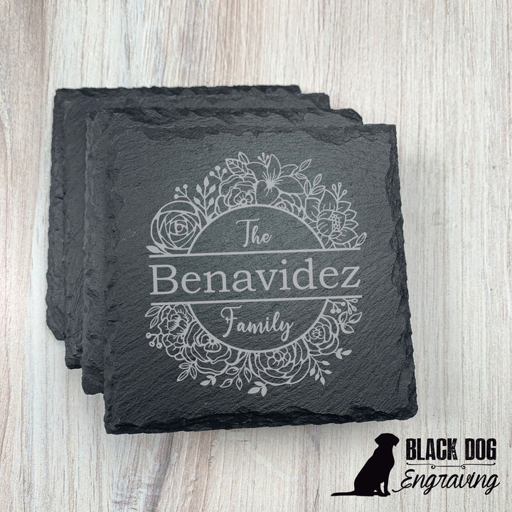Flower Name Personalized Slate Stone Coasters - SET of FOUR - Black Dog Engraving
