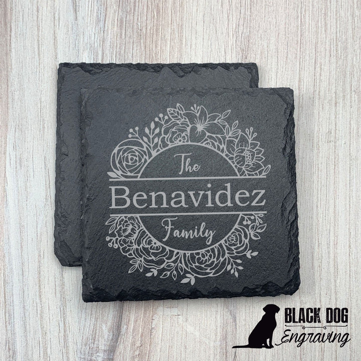 Flower Name Personalized Slate Stone Coasters - SET of TWO - Black Dog Engraving