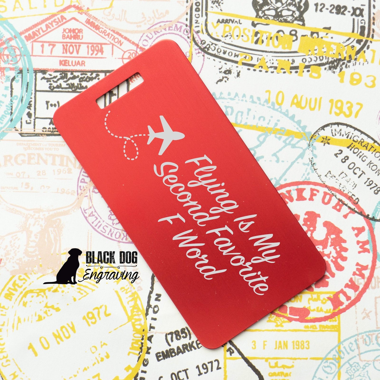 Flying Is My Second Favorite F Word Personalized Aluminum Luggage Tag - Black Dog Engraving