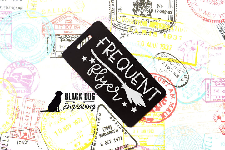 Frequent Flyer Halloween Funny Witch Personalized Metal Luggage Tag - Black Dog Engraving