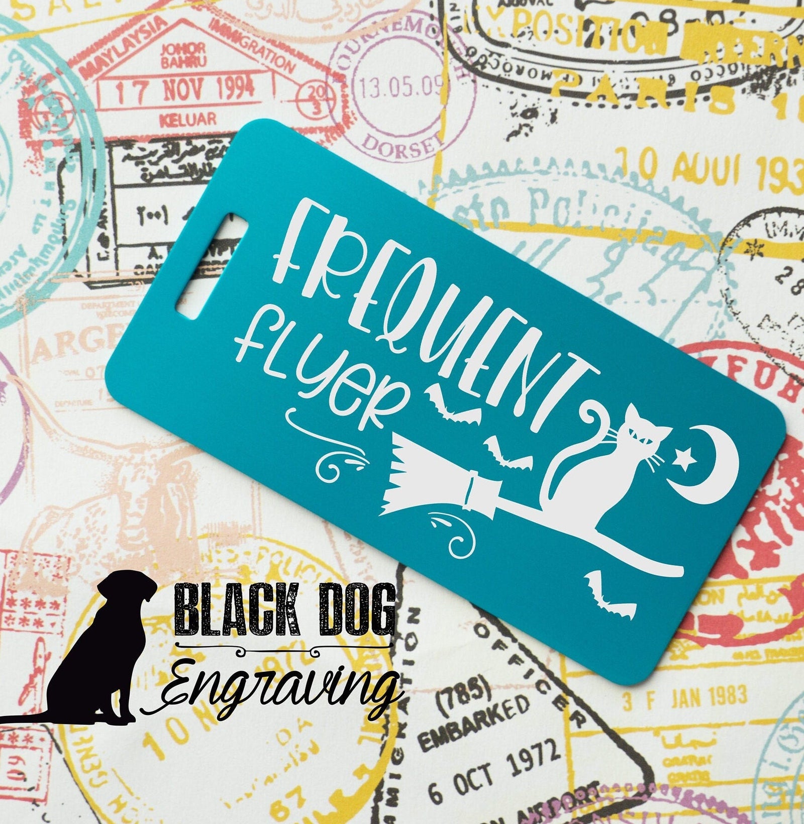 Frequent Flyer Witch Halloween Funny Personalized Metal Luggage Tag - Black Dog Engraving