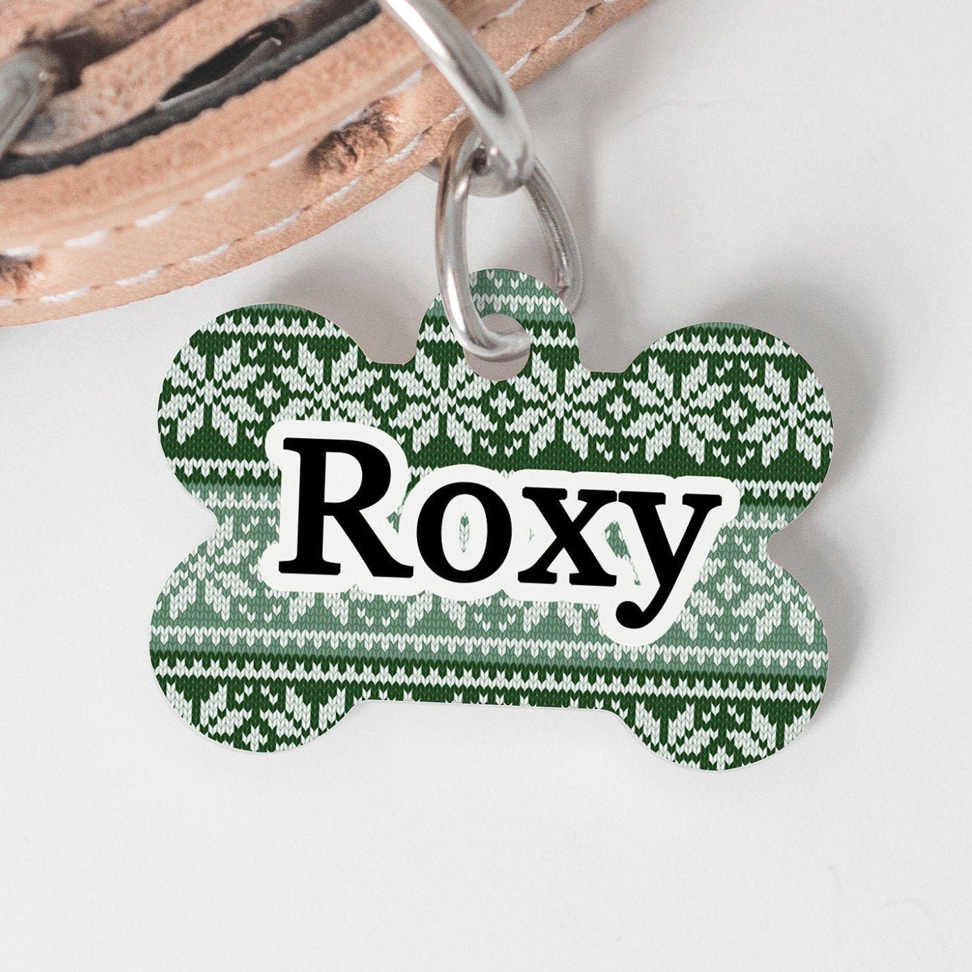 Green Holiday Knit Sweater Medium Dog Bone Personalized Tag - Black Dog Engraving