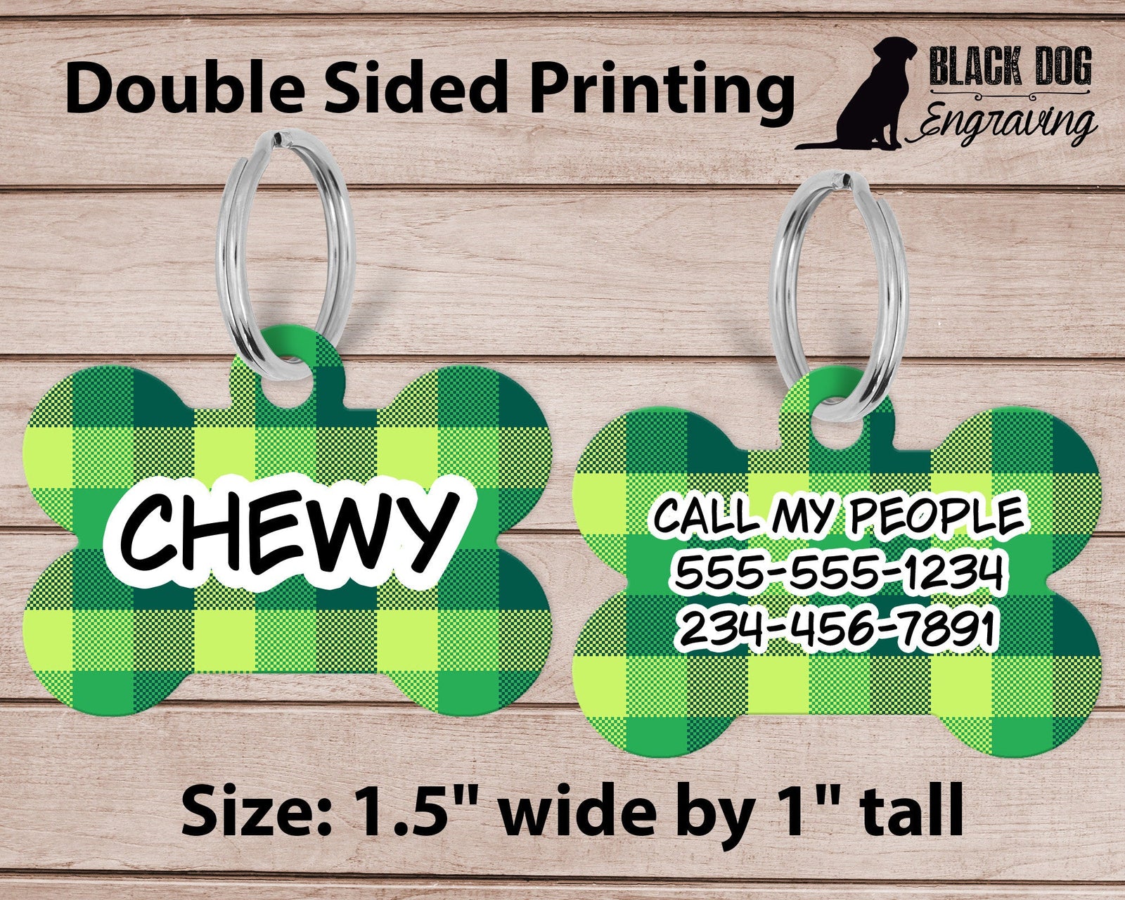 Green Plaid Clover Medium Dog Bone Personalized Tag - Black Dog Engraving