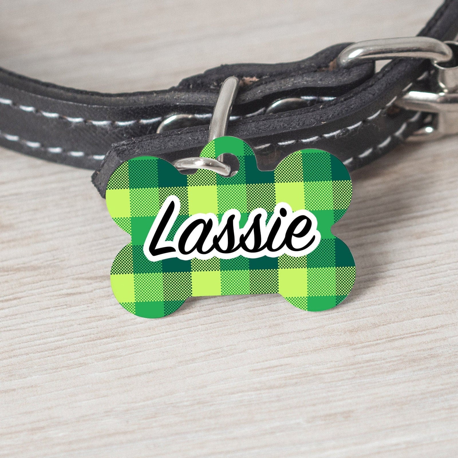 Green Plaid Clover Medium Dog Bone Personalized Tag - Black Dog Engraving