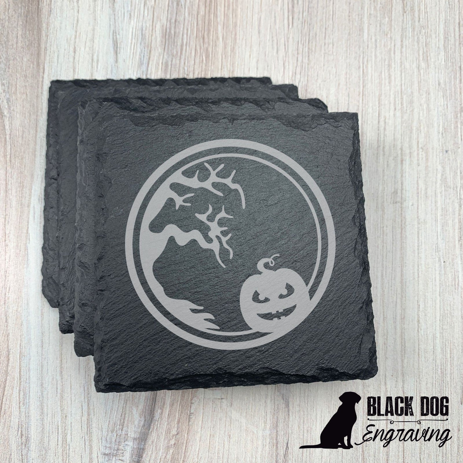 Halloween Pumpkin Slate Stone Coasters - SET of FOUR - Black Dog Engraving