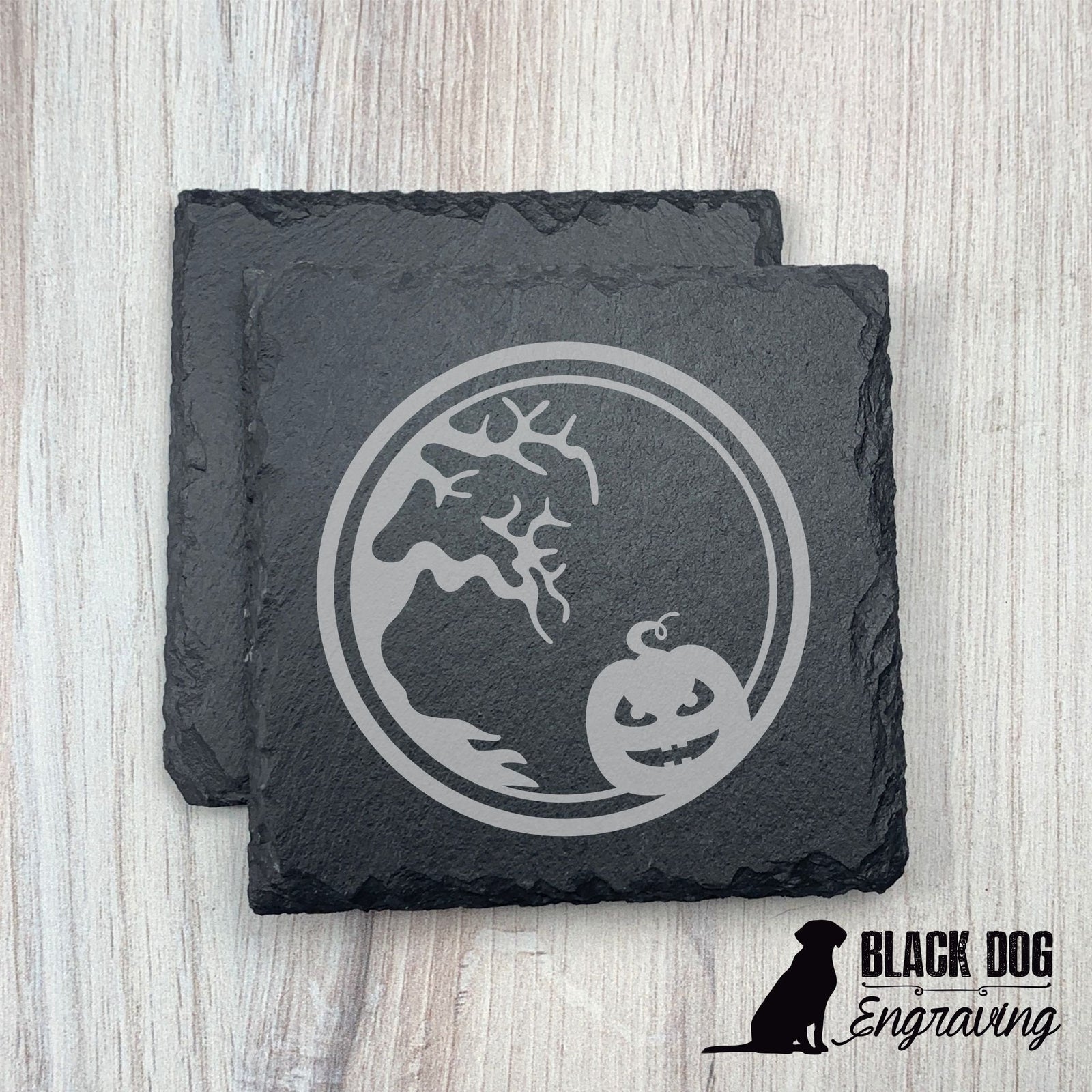 Halloween Pumpkin Slate Stone Coasters - SET of TWO - Black Dog Engraving