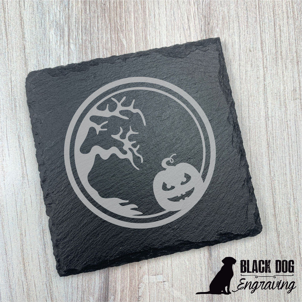 Halloween Pumpkin Slate Stone Coasters - SET of TWO - Black Dog Engraving