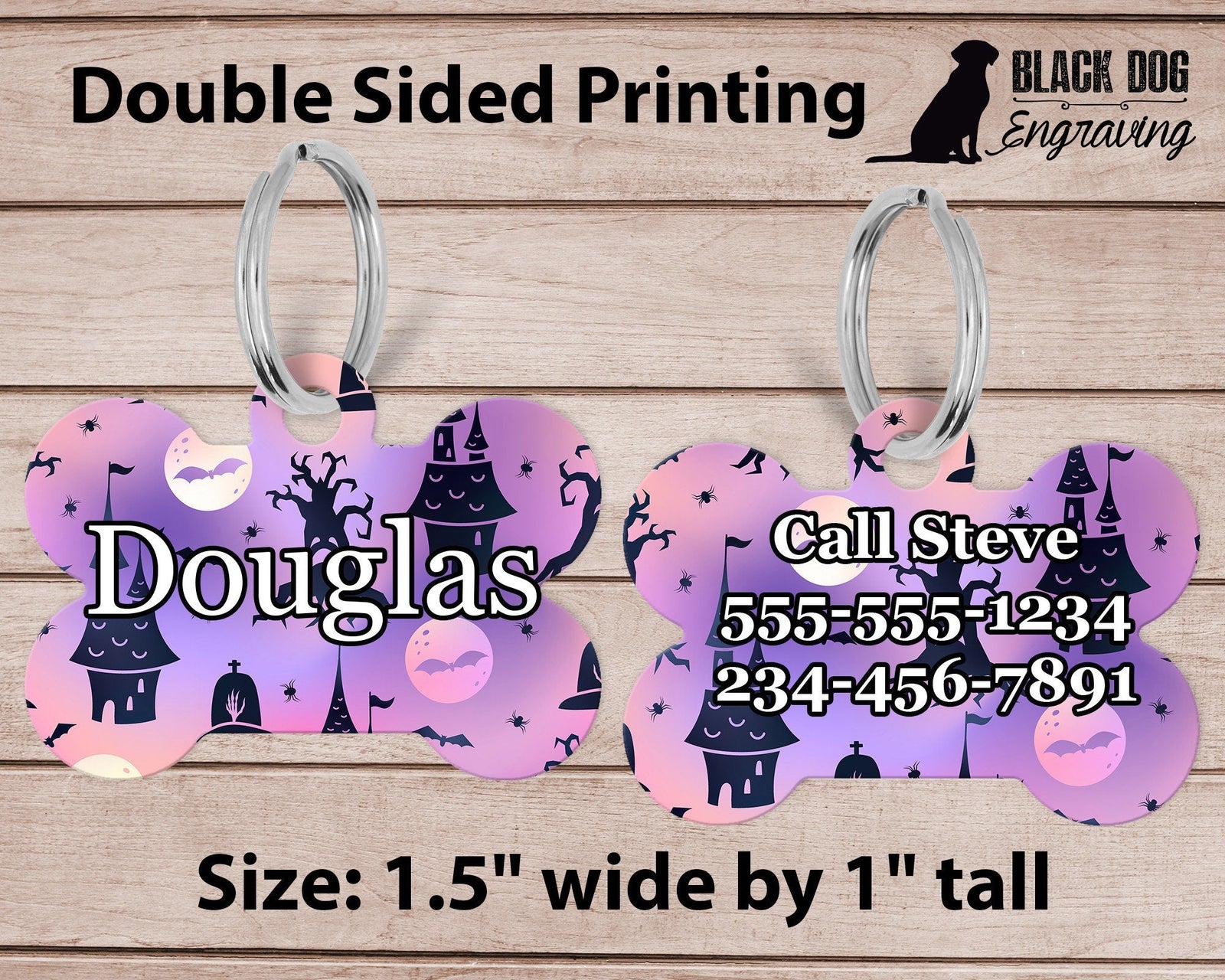 Haunted House Halloween Dog Bone Personalized Tag - Black Dog Engraving