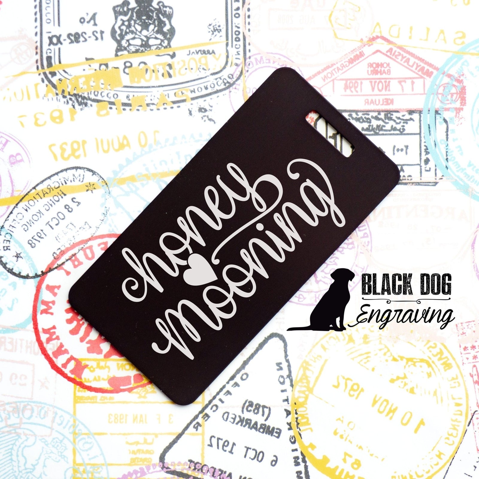 Honey Mooning Personalized Aluminum Luggage Tag - Black Dog Engraving
