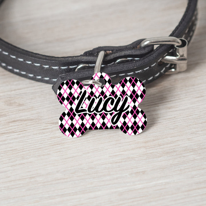 Pink and Black Diamond Medium Dog Bone Personalized Tag - Custom Ink Infused Tag