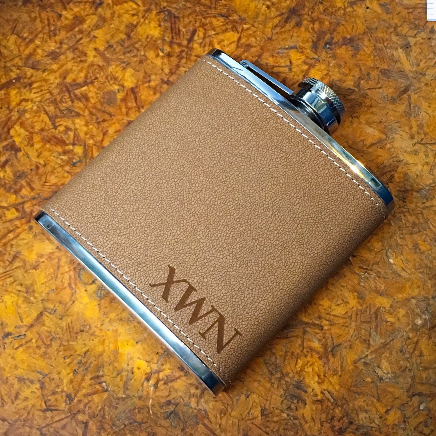 Laser Engraved Monogram Faux Leather Wrapped Flask - Black Dog Engraving