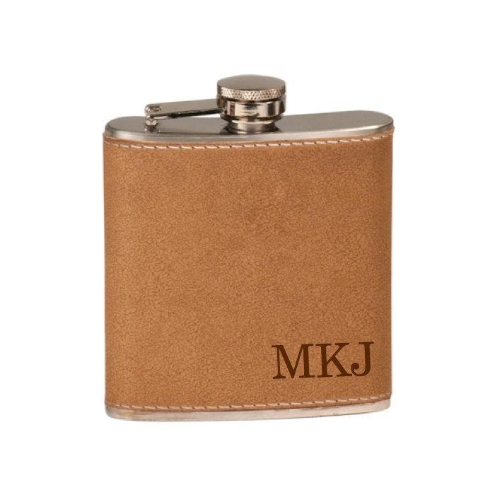 Laser Engraved Monogram Faux Leather Wrapped Flask - Black Dog Engraving