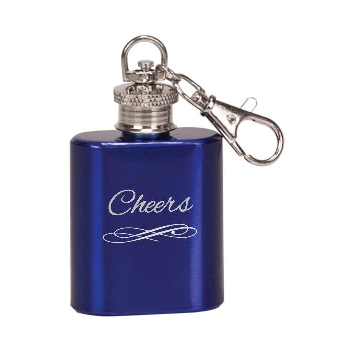 Laser Engraved Single Shot Mini Flask Key Chain 'Cheers" - Black Dog Engraving