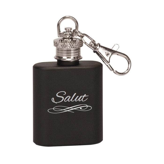 Laser Engraved Single Shot Mini Flask Key Chain 'Salut" - Black Dog Engraving